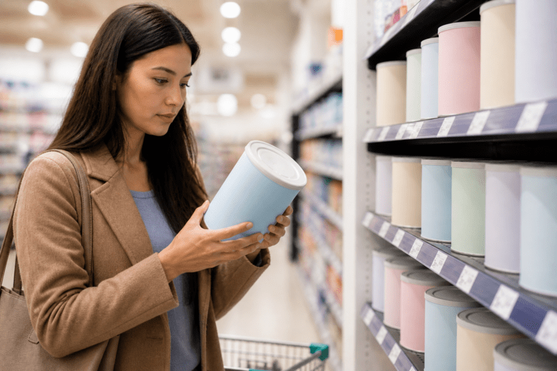 Maman comparant des boîtes de lait infantile en magasin