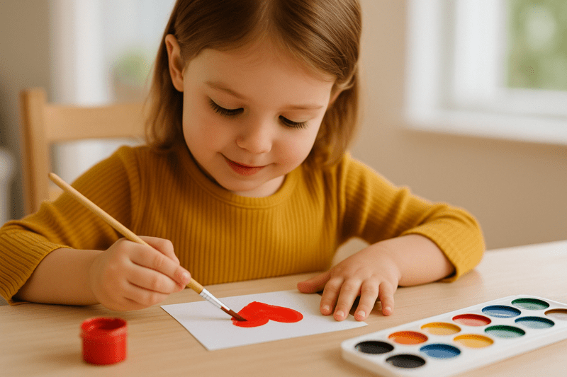 Petite fille peignant un cœur rouge sur une feuille, concentrée sur son dessin