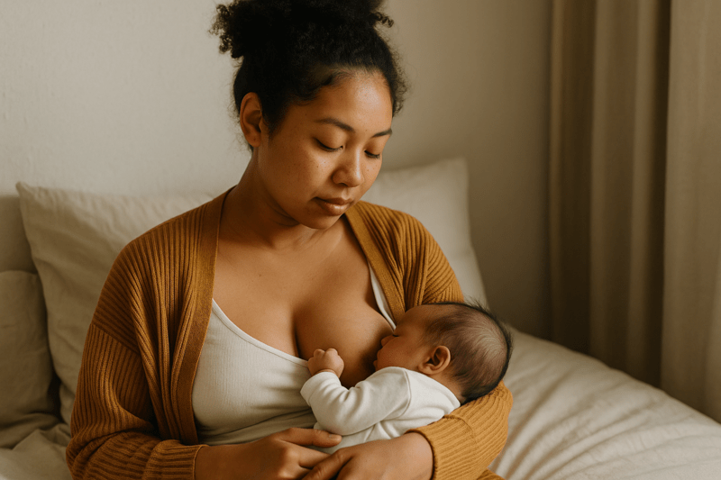 Maman allaitant son bébé dans un cadre chaleureux pendant le postpartum