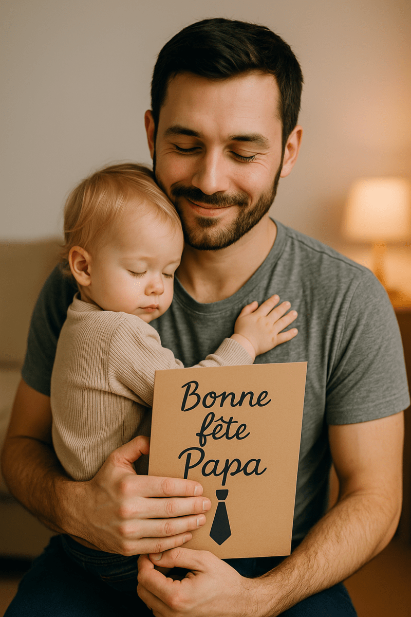 Jeune papa tenant son bébé dans les bras et recevant une carte de fête des pères