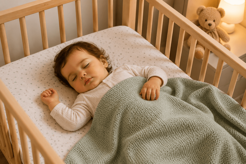 Bébé dormant paisiblement dans un lit à barreaux avec une couverture légère