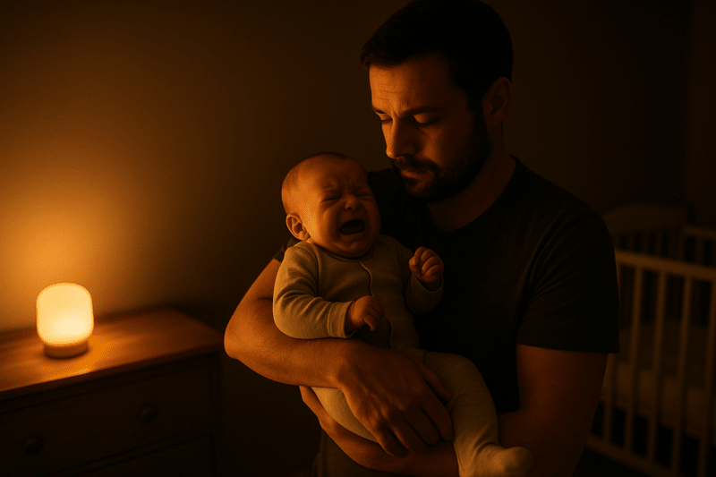 Un père berce son bébé en pleurs dans une chambre sombre, éclairée par une veilleuse douce, en pleine crise de pleurs de décharge