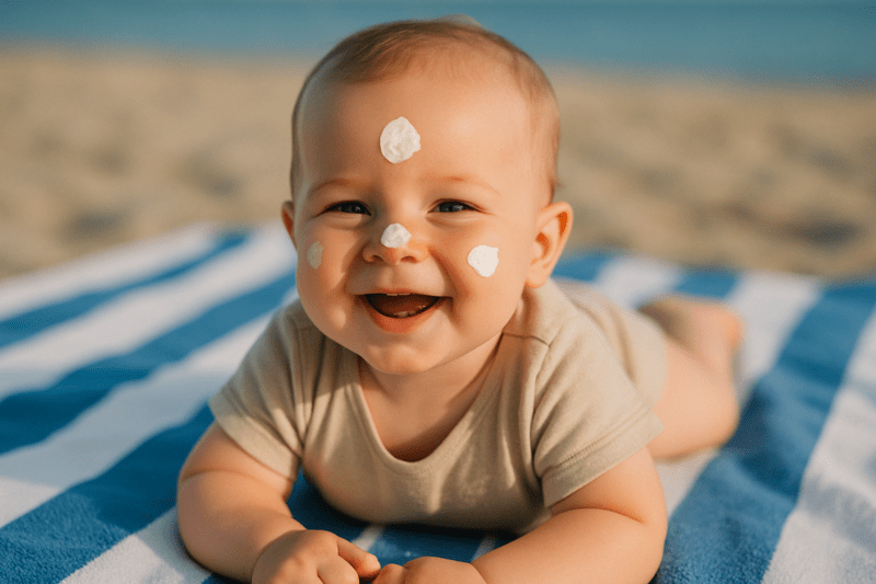 Bébé souriant allongé sur une serviette à la plage, avec de la crème solaire sur le visage