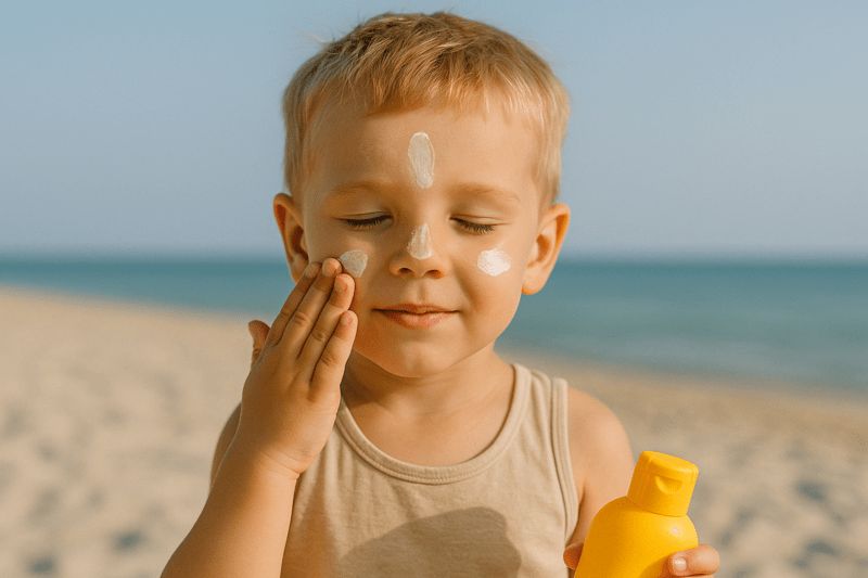 Petit garçon appliquant de la crème solaire sur son visage à la plage, tenant un flacon jaune