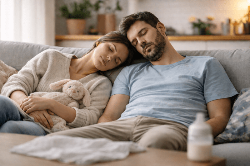 Couple de parents épuisés endormi sur un canapé, illustrant la fatigue parentale du quotidien