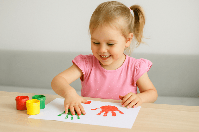 Petite fille souriante réalisant des empreintes de mains colorées avec de la peinture sur une feuille