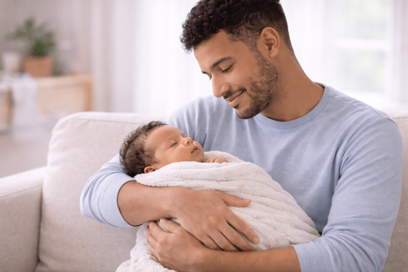 Père tenant son nouveau-né dans ses bras pendant le congé paternité