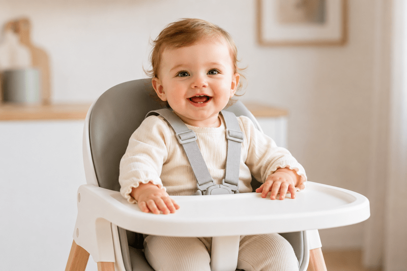 Bébé souriant installé dans une chaise haute moderne au moment du repas