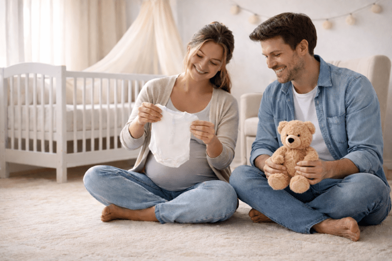 Couple heureux attendant un bébé, assis dans une chambre bébé, la future maman tenant un body blanc et le futur papa un nounours