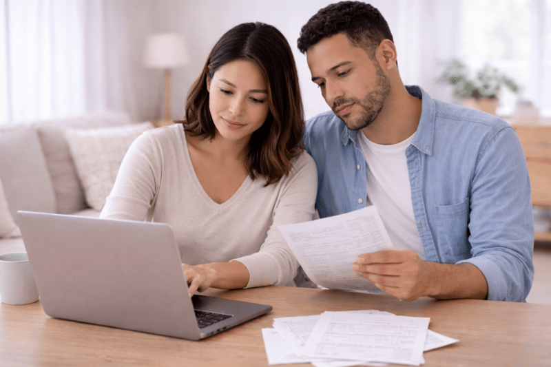 Couple consultant un ordinateur et des documents pour préparer leur congé maternité et paternité