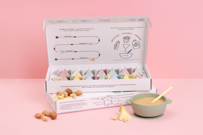 Box Dalipo pour l'introduction des allergènes alimentaires chez bébé, avec berlingots colorés prêts-à-verser et schéma d'utilisation