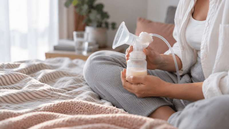 Femme tenant un tire-lait électrique et son biberon de recueil