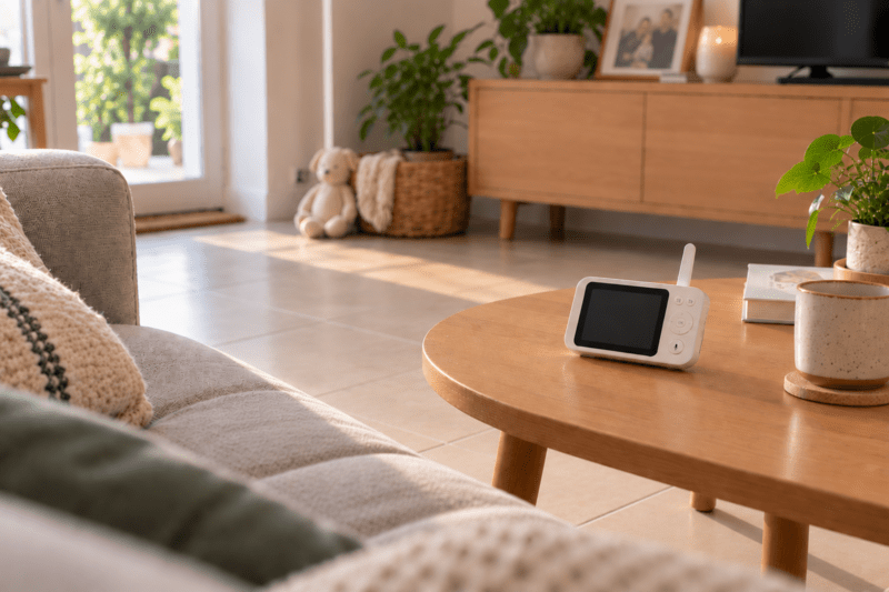 Écran de babyphone posé sur une table dans un salon