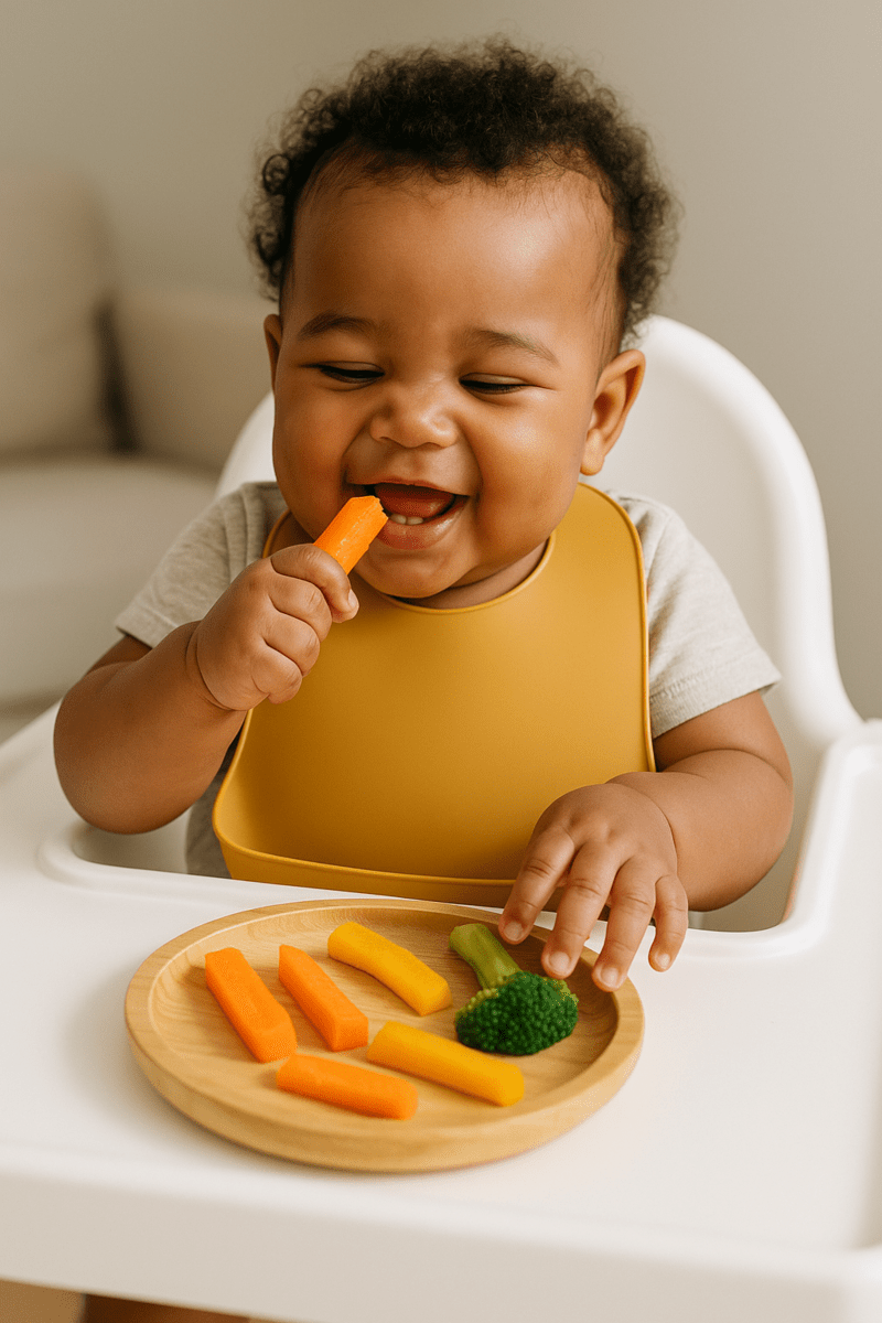 Bébé métis souriant, assis dans une chaise haute, tenant un bâtonnet de carotte cuite, découvrant la diversification alimentaire menée par l’enfant (DME), avec une assiette de légumes vapeur
