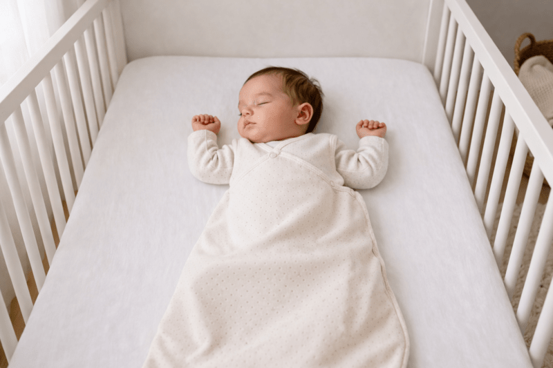 Bébé dormant sur le dos dans un lit vide avec matelas ferme, environnement de sommeil sécurisé