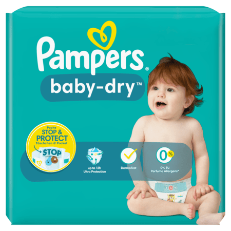 Pack 124 Couches PAMPERS BABY-DRY Taille 2 (4 à 8 KG) Bébé Stop & Protect