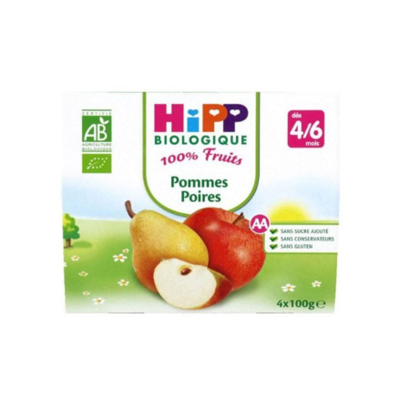 Pommes Poires 100% fruits - 4 coupelles x 100g - 4 mois HIPP