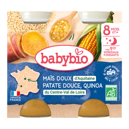 Avis Maïs doux d'Aquitaine Patate douce de nos Régions Quinoa du Centre-Val de Loire Babybio 1