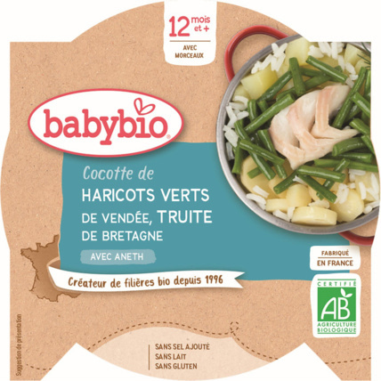 Avis Cocotte de Haricots verts des Hauts-de-France Truite de Bretagne à l'Aneth 230 g dès 12 mois Babybio 1
