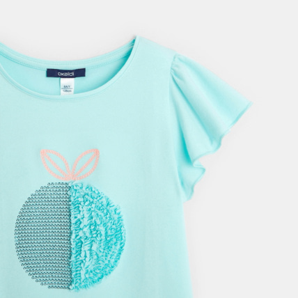 Avis T-shirt à sequins motif pomme turquoise fille OKAIDI 3