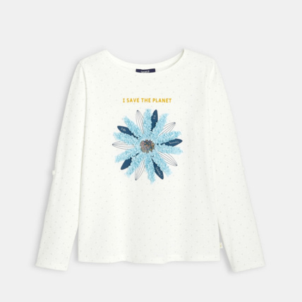 Avis T-shirt à message brodé de sequins et fleurs bleu fille OKAIDI 2