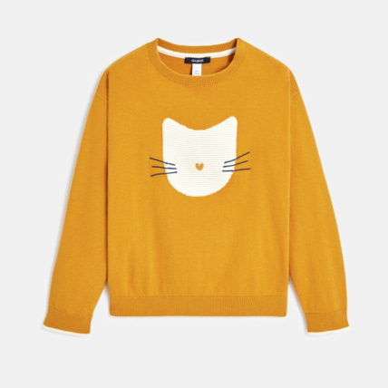 Avis Pull en maille fine motif chaton jaune fille OKAIDI 1