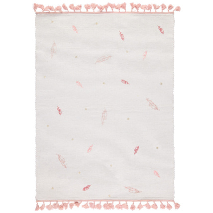Avis Tapis de chambre tissé imprimé plumes roses Prémaman 1