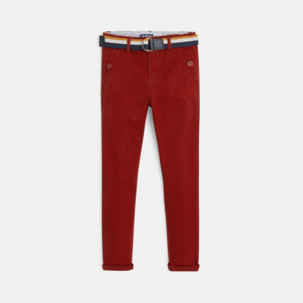 Avis Pantalon chino slim ceinturé en toile unie rouge garçon OKAIDI 1
