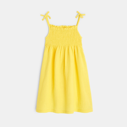 Avis Robe à smocks unie en gaze de coton jaune fille OKAIDI 1