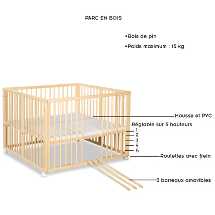 Avis Parc bébé réglable en bois avec roulettes intégrées JONAS KLUPS 7