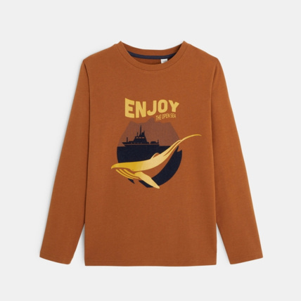 Avis T-shirt manches longues à message et motif baleine marron garçon OKAIDI 1