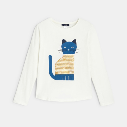 Avis T-shirt à sequins magiques Chat bleu fille OKAIDI 1