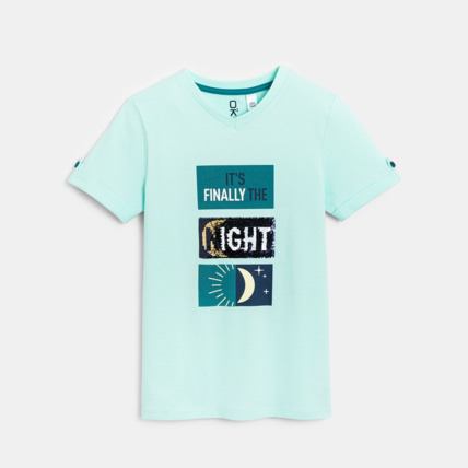 Avis T-shirt manches courtes à message turquoise garçon OKAIDI 1