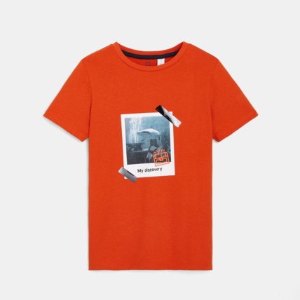 Avis T-shirt en coton biologique photo requin orange garçon OKAIDI 1