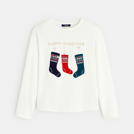 Avis T-shirt Noël à message "Happy Together" blanc fille OKAIDI 1