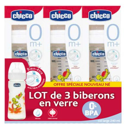 Avis Biberons en verre 240ml tétine silicone 0 mois+ (x3) Chicco 1