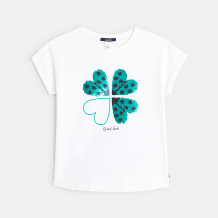 Avis T-shirt à sequins magiques motif Trèfle vert fille OKAIDI 2