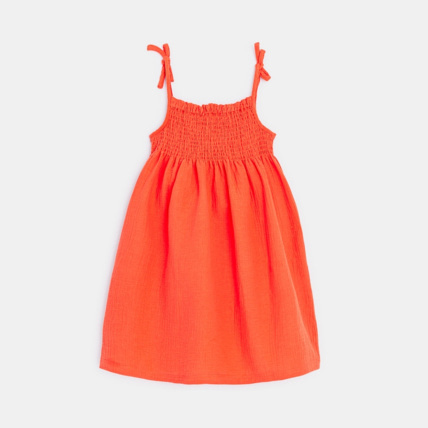 Avis Robe à smocks unie en gaze de coton orange fille OKAIDI 2