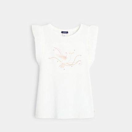 Avis T-shirt manches plissées oiseau blanc fille OKAIDI 2