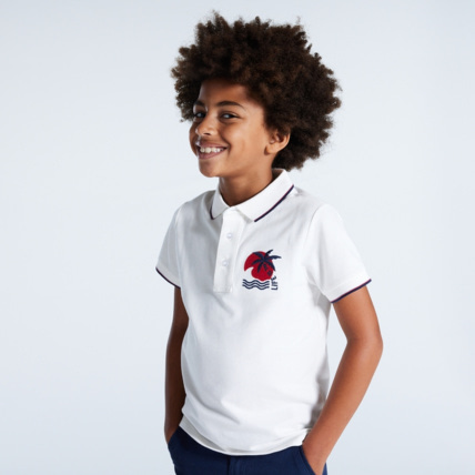 Avis Polo en jersey piqué motif palmier blanc garçon OKAIDI 1