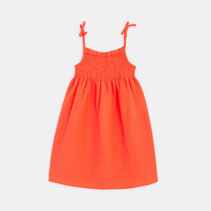 Avis Robe à smocks unie en gaze de coton orange fille OKAIDI 1