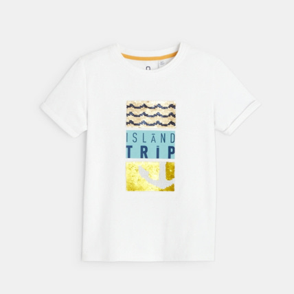 Avis T-shirt à sequins magiques "Island Trip" blanc garçon OKAIDI 1