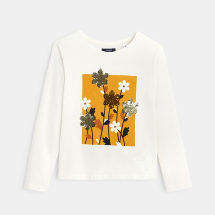 Avis T-shirt manches longues à fleurs et sequins blanc fille OKAIDI 2