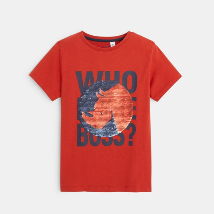 Avis T-shirt sequins magiques message et animal orange garçon OKAIDI 1