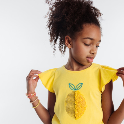 Avis T-shirt à sequins motif citron jaune fille OKAIDI 1