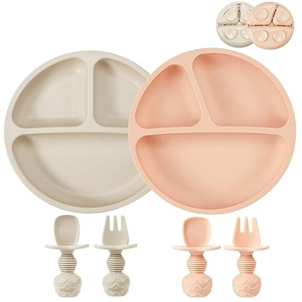 Avis Lot de 2 assiettes à ventouse en silicone avec compartiments, 2 cuillères et 2 fourchettes PandaEar 1