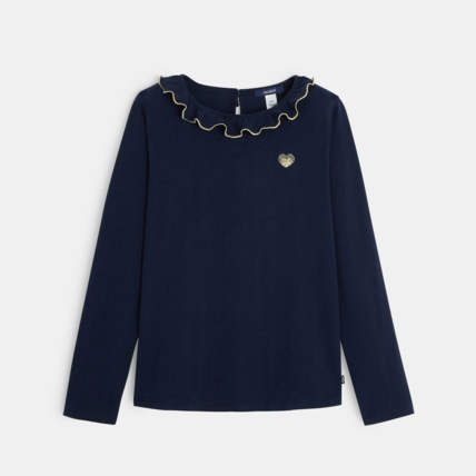 Avis T-shirt brodé coeur à col collerette bleu fille OKAIDI 1