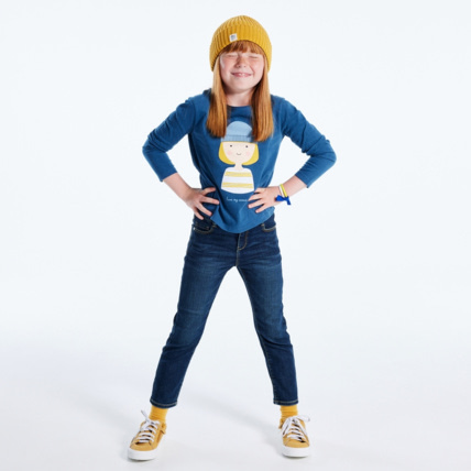 Avis T-shirt personnage et message bleu fille OKAIDI 1
