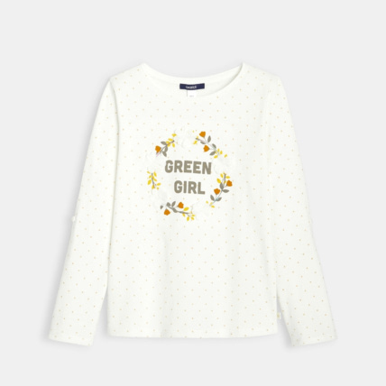 Avis T-shirt à message brodé de sequins et fleurs jaune fille OKAIDI 1