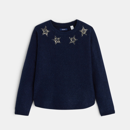 Avis Pull au point mousse et motifs étoiles en sequins bleu fille OKAIDI 1